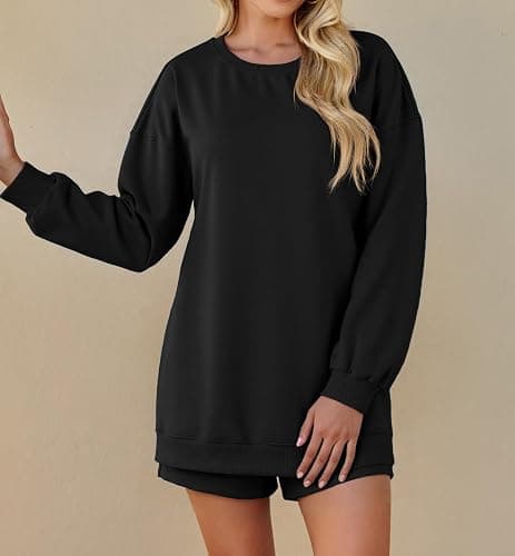 Tankaneo Womens Oversized 2 Piece Outfits Sweatsuit Casual Long Sleeve Crewneck Sweatshirts Sweat Shorts Fall Lounge Sets thumbnail 5