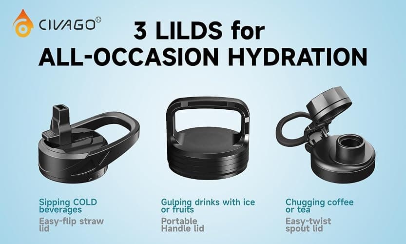 CIVAGO 32 oz Insulated Stainless Steel Water Bottle With Straw and 3 Lids | Large Metal Sports Water Jug, Leakproof Reusable Wide Mouth Thermal Flask Cup with Silicone Boot, BPA-Free, Black thumbnail 4
