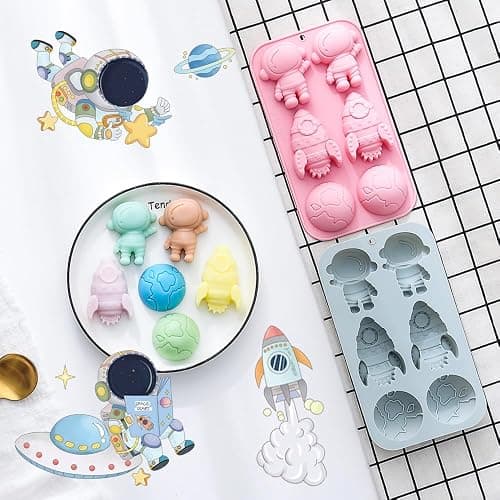 2 Pack Astronaut Silicone Molds 6 Cavity 3D Space Themed Rocket Plaster Molds for Kids, Earth Baking Mould Tray DIY Tool for Chocolate Cupcake Topper Mousse Pastry Soap Crayons Plaster Casting thumbnail 8