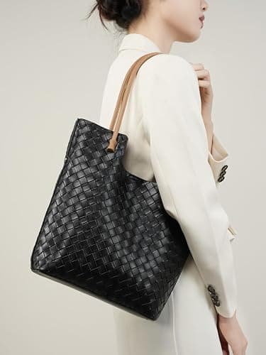 Mewpurrs Woven Leather Tote Bag for Women | Lightweight Structured Shoulder Handbag for Work and Travel thumbnail 3