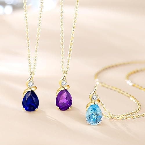 FANCIME 14K Solid Yellow Gold Birthstone Pendant Necklace for Women with Diamond Pear Shaped Teardrop Necklace Birthday Gifts for Mom Women Sterling Silver Chain 16" + 2" Extender thumbnail 4