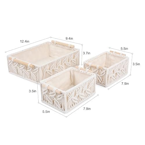 ANMINY 3PCS Macrame Storage Baskets for Organizing Boho Decor Baskets Storage Bins with Wood Handles Handmade Decorative Storage Boxes Desk Toilet Tank Bathroom Self Basket Organizer - Leaves thumbnail 3