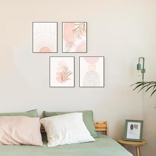 PLKMN Pink Boho Wall Art Prints Set of 4, Abstract Sun Wall Decor Aesthetic, Watercolor Pictures Neutral Pink Prints Decor for Living Room Bedroom Home, 8x10 Prints Unframed Art thumbnail 3