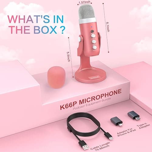 ZealSound Gaming USB Microphone,Pink Microphone with Mute for Phone Computer PC PS 4&5 Mac,Singing Mic with Gain Control,Echo&Monitor Volume Adjust for Streaming Vocal Recording ASMR Podcast Video K66 thumbnail 7