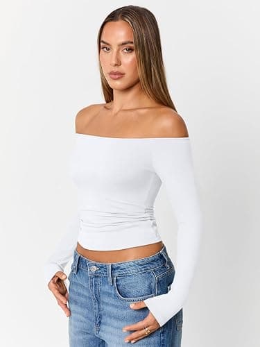 Trendy Queen Womens Long Sleeve Off The Shoulder Tops Going Out Cute Basic Y2K Fall Fashion 2025 Outfits Clothes thumbnail 3