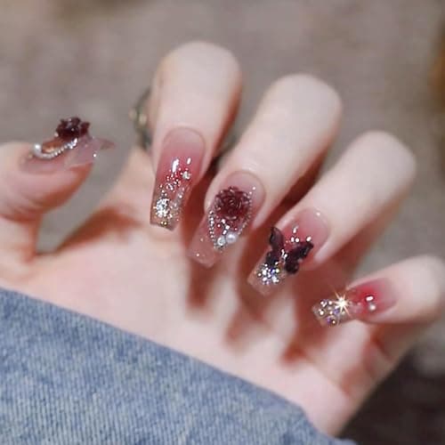 Hkanlre Bling Coffin Press on Nails Fake Nails Tips Full Cover Medium False Gradient Nails for Women and Girls 24PCS (Red Coffin) thumbnail 3