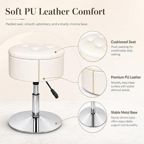 ACEQLYT 2 in 1 Adjustable Storage Vanity Stool with Flip-Over Wood Tray | 360° Swivel Vanity Chair with Storage, Small Round Makeup Stool for Vanity, White PU Leather thumbnail 6