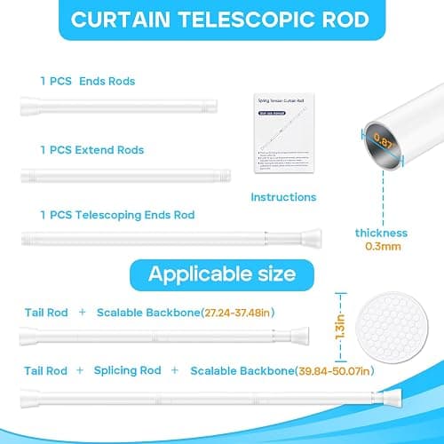 White Tension Curtain Rod for Windows 28 to 48 inch, Adjustable Expandable Pressure Spring Curtain Rod No Drilling, 7/8" Curtain Rod for Bedroom Doorway Closet Door thumbnail 3