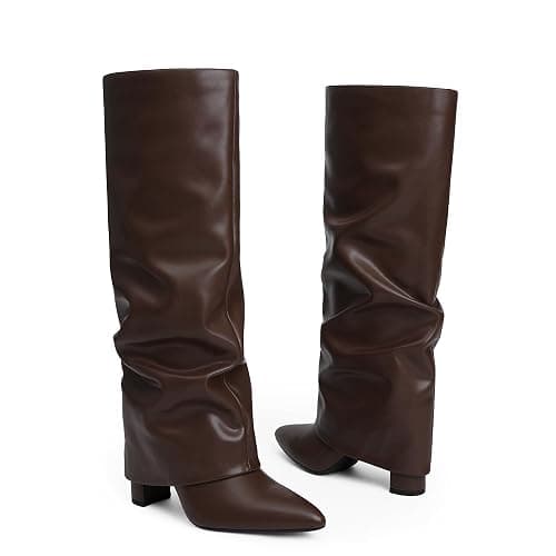 Modatope Knee High Boots Women Fold Over Knee High Boots Chunky High Heels Long Boots Zipper Pointed Toe Dress Tall Boots for Women thumbnail 6