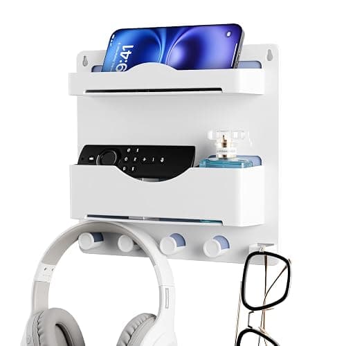 JUMEIHUI Bedside Wall Shelf with Glasses Hooks ，Adhesive Bedside Organizer Wall Mount for Dorm and Room Accessories Phone，Remote，Earphone， Kindle (White) - Image 1
