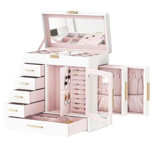 HOOBRO Jewelry Box with Mirror, Jewelry Organizer Box with Capacious Storage Space, Jewelry Holder Organizer, Hand-Held Jewelry Case, Gift for Loved Ones, Modern Style, White and Light Gold WT06JB04G1 - Image 1