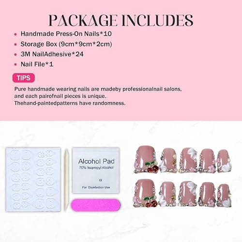 Duck Press on Nails Duck Handmade Press on Nails 3D Luxury Rhinestone Cherry and Pearl Acrylic Fake Nails Designs Flower Stick on Nails Full Cover Thickened False Nails for Women Nail Art DIY（M) thumbnail 4