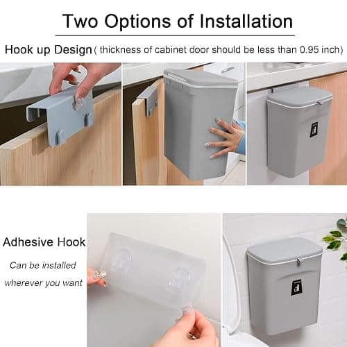Tiyafuro 2.4 Gallon Kitchen Compost Bin for Counter Top or Under Sink, Hanging Small Trash Can with Lid for Cupboard/Bathroom/Bedroom/Office/Camping, Mountable Indoor Compost Bucket, Gray thumbnail 5