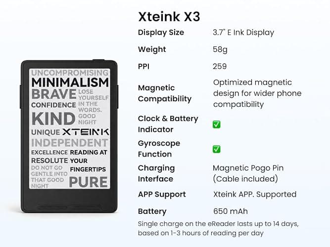 XTEINK X3 3.7" Pocket E-Ink eBook Reader, Mist Gray | Ultra-thin 0.2" design with magnetic pogo-pin charging, gyroscope page-turn, 16GB storage, and distraction-free reading thumbnail 9
