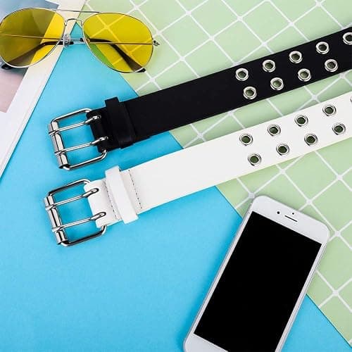 BKpearl 2 Pack Double Grommet PU Leather Punk Belt, 2 Hole Grommet Jeans Belt for Women & Men, Multi, Medium thumbnail 4