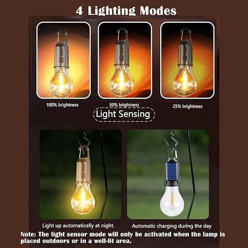 [4 Pack Warm Light ] Solar Camping Lights LED Bulb Portable Lanterns USB Rechargeable Hanging Tent Lights for Camping, Backyard Parties, Power Outages, and Emergency Use thumbnail 3