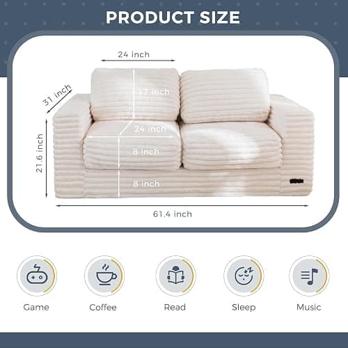 MAXYOYO Bean Bag Chair for Adults, Upholstered Loveseat Floor Sofa with Pillows and Armrests, Large Bean Bag Sofa Plush Couch for Bedroom Living Room, White thumbnail 2