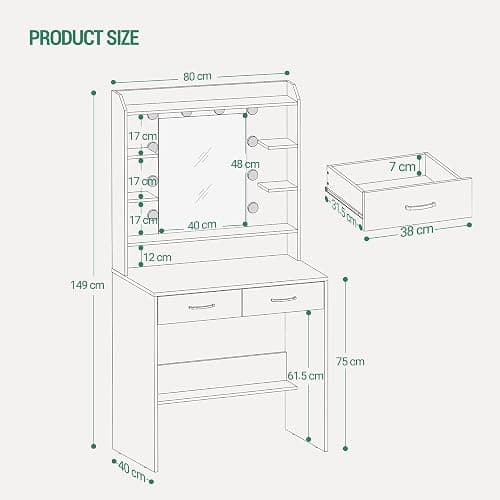 Hzuaneri Vanity Desk with Mirror and Led Light, Adjustable Brightness, Dressing Table with Shelves and 2 Drawers, for Bedroom, 40 x 80 x 149 Cm, White DT37203X thumbnail 2