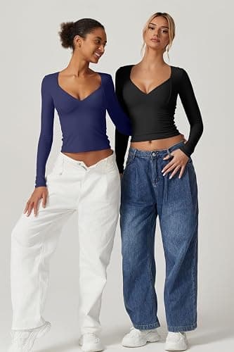 QINSEN Women's Long Sleeve V Neck T Shirts Double Lined Crop Top Seamed Cup Going Out Tops thumbnail 3