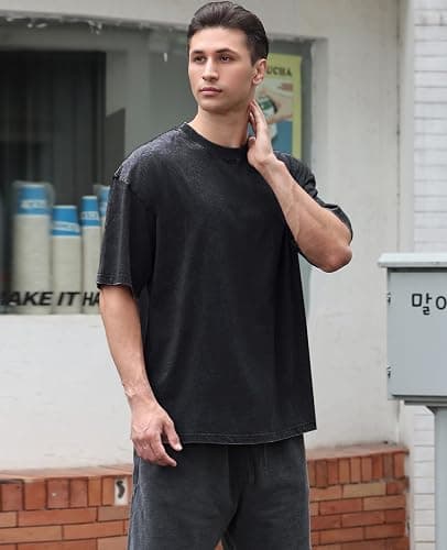 Men's Cotton T-Shirts Oversized Unisex Short Sleeves Casual Loose Wash Solid Basic Tee Tops thumbnail 5