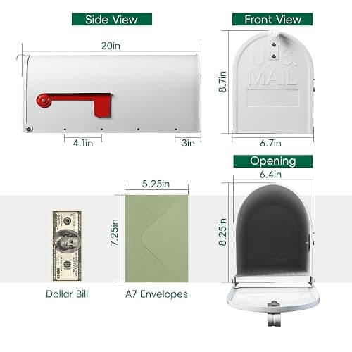 BlissBoard White Mailboxes for Outside Post Mount, Galvanized Steel Metal Mailbox, Standard Size, 20 x 8.7 x 6.7 Inches thumbnail 2
