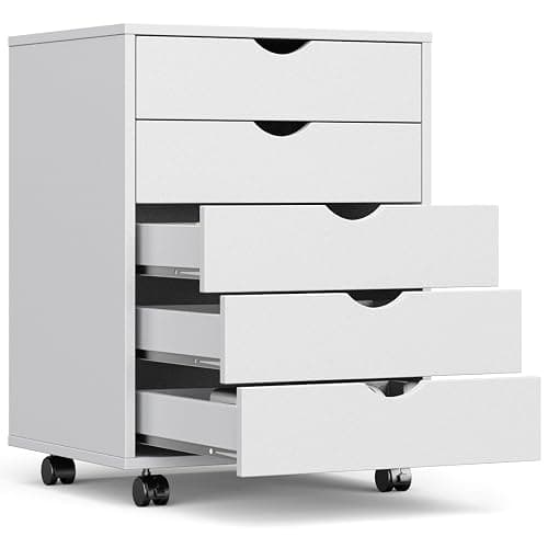 OLIXIS 5 Drawer File Cabinet on Wheels, Printer Stand | Fits Under Desks, Wood Storage Organization Holds Printer, Office Supplies, Not For Hanging Files, For Home Office Use White - Image 1