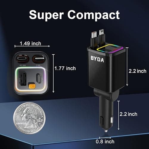 4 in 1 Retractable Car Charger,69W Fast Charging USB C for iPhone 16/15/14/13/12,iPad,Android,Galaxy,Pixel,Cigarette Lighter Adapter (Black, Light-ning+USB-C) thumbnail 7
