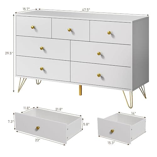 Tradare White Dresser for Bedroom, Modern 7 Drawer Dresser with Gold Handles and Metal Legs, White and Gold Dressers & Chest of Drawers for Hallway, Entryway thumbnail 2