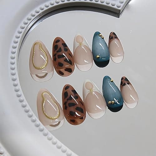 24 Pcs Almond Press on Nails Medium Fake Nails with Glue French Tip False Nails with Brown Leopard Pattern Design Artificial Acrylic Nails Press ons Reusable Almond Nail Holiday Glue on Nail for Women thumbnail 3