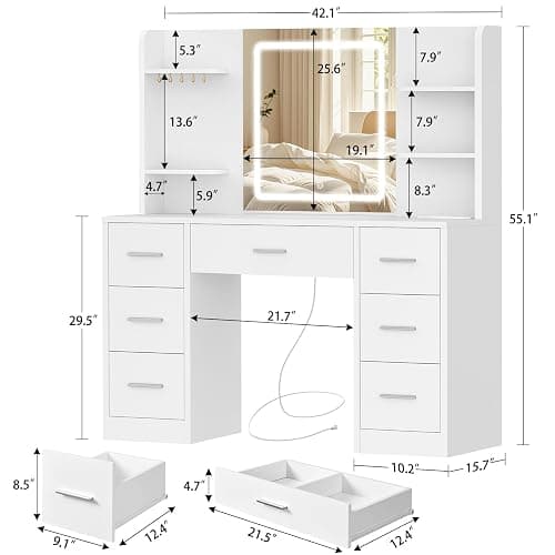 FIONESO Large Vanity Desk with LED Lighted Mirror & Power Outlet, Makeup Vanity Table with 7 Drawers,4 Shelves and 5 Hooks, White Vanity for Bedroom, Bathroom thumbnail 2