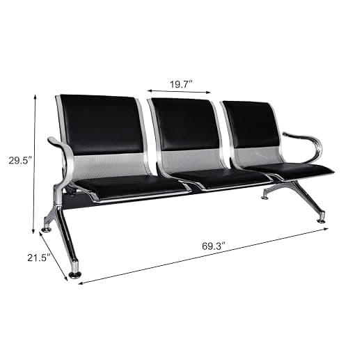 Waiting Room Chairs Guest Reception - 3-Seat Waiting Room Bench with Arms Airport Reception Bench Guest Reception Chairs PU Leather Office Chair for Airport Market Bank Hospital School, Black - Black Leather - 3-seater thumbnail 3