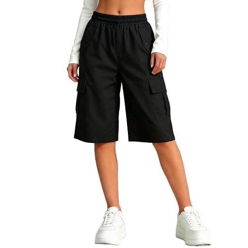Bermuda Cargo Shorts for Girls Knee Length High Waist Pull On Shorts with Pockets Summer Quick Dry Baggy Biker Trousers Teen Loose Fit Running Hiking Athletic Bottoms - Image 1