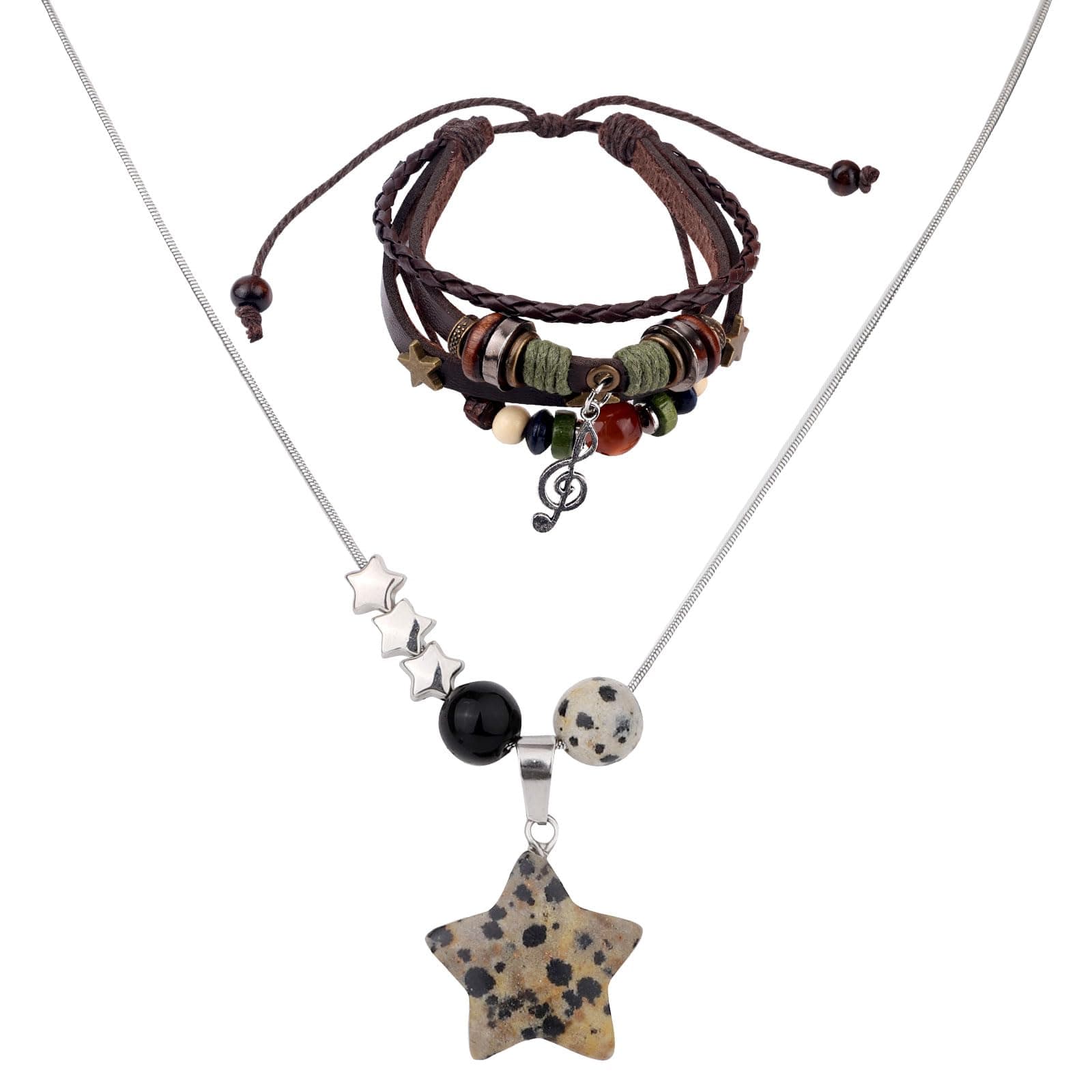 Fairy Grunge Necklace & Bracelet Set, Handmade Multi-Layer Leather Music Braided Beaded Bracelet Y2K Star Necklace Gothic Punk Rock Music Accessories for Women & Men - Image 1