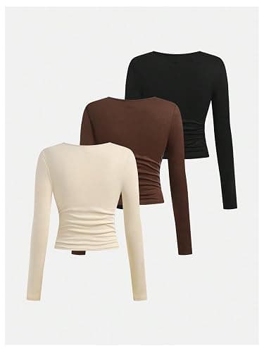 SOLY HUX Girl's Long Sleeve T Shirts 3 Packs Crewneck Fall Tees Ruched Fitted Tee Shirt Tops thumbnail 2