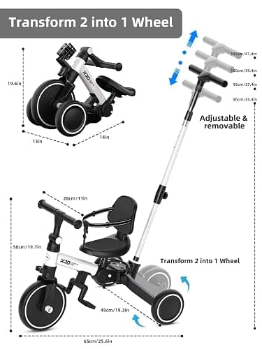 XJD Toddler Bike, 6 in 1 Folding Toddler Tricycle for 1-4 Year Old with Parental Control Handle, Balance Bike with Removable Pedal, Backrest, Adjustable Seat Height, First Birthday Gifts thumbnail 6