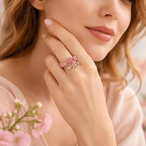GUUZETU Pfirsichblüten-Ring, verstellbarer, rosévergoldeter rosa Kirschblüten-Blumenring, Blumenkristall- und Edelsteinschmuck, leichter, zierlicher Ring mit offenem Band, Geschenk für Hochzeit thumbnail 2