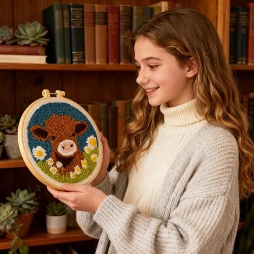 DIY Punch Needle Kits for Beginners Cute Cartoon Highland Cow with Daisy Flower with Hoop Embroidery Punch Needle Starter Craft Set Easy for Adults and Children Festival Gift and Decoration 20x20cm-1 thumbnail 4