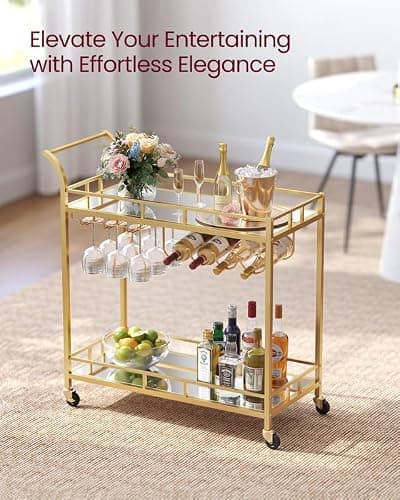 VASAGLE Bar Cart Gold, Home Bar Serving Cart, Wine Cart with 2 Mirrored Shelves, Wine Holders, Glass Holders, for Kitchen, Dining Room, Gold ULRC090A03 thumbnail 5