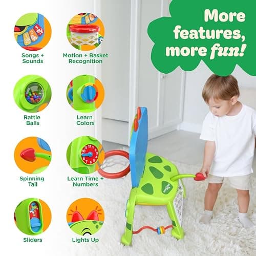 Move2Play, Dinosaur Basketball Hoop & Soccer Goal Activity Center | 30+ Sounds & Songs + 5 Lights | 1 2 3 Year Old for Boys and Girls | Toy & Gift for Baby & Toddlers thumbnail 4