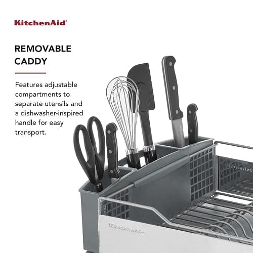 KitchenAid Large Capacity Full Size Rust Resistant Dish Rack with Angled Drain Board and Removable Flatware Caddy, Light Grey thumbnail 4