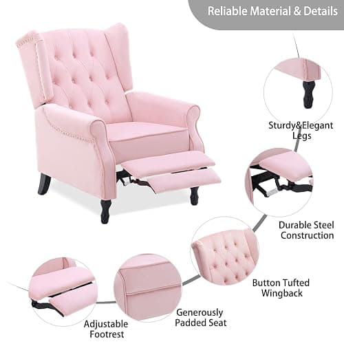 Altrobene Velvet Accent Chair, Push Back Recliner Chair, Wingback Arm Chair for Living Room/Bedroom/Home Theater/Reception Area, Pink thumbnail 7