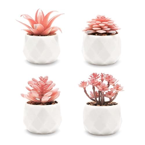 VIVERIE Mini Succulents Plants Artificial in Pots-Rose Pink, Christmas Small Fake Succulents Plants for Home Halloween Decor Indoor for Women, White Ceramic, Set of 4, Gifts for Mom - Image 1