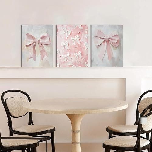Pink Bow Canvas Wall Art Set of 3 Coquette Oil Painting Cute Bow Posters Wall Decor Trendy Preppy Print Picture for Back to School Bedroom Bathroom College Dorm 12x16 In Framed thumbnail 5