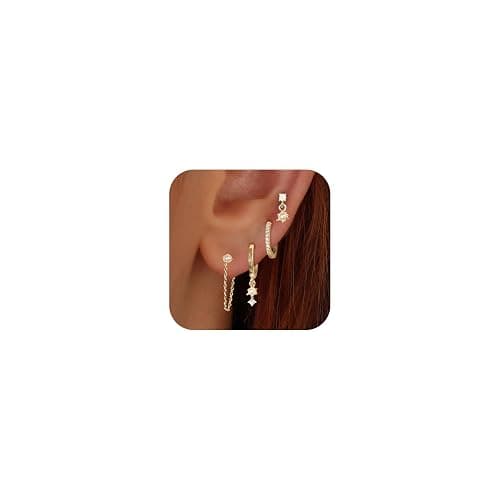 Gold Earrings for Women, 14k Gold Plated Dangle Huggie Earrings for Women Trendy Dainty Gold Hoop Earring Stacks Hypoallergenic Pearl Chain Drop Cartilage Earring Fashion Womens Jewelry - Image 1
