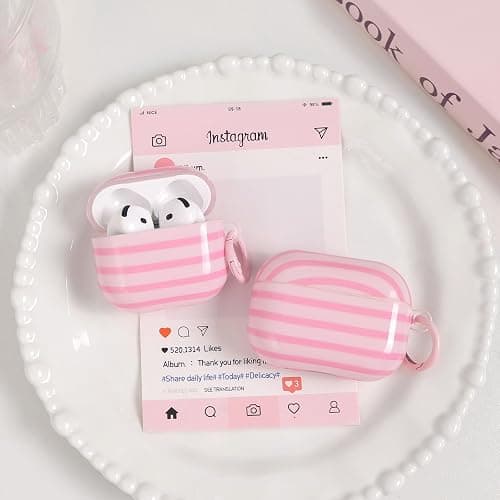 Fycyko Compatible for AirPods 4 Case Soft TPU with Cleaner Kit Cute Horizontal Stripes Aesthetic Printed Design Shockproof Keychain Cover for Girls Woman-Pink thumbnail 8