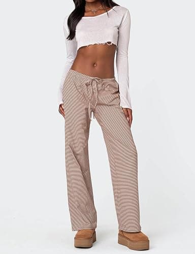 Ugerlov Women's Wide Leg Striped Pants Casual Drawstring Elastic Low Rise Pajama Pants Lounge Wear Trousers thumbnail 5