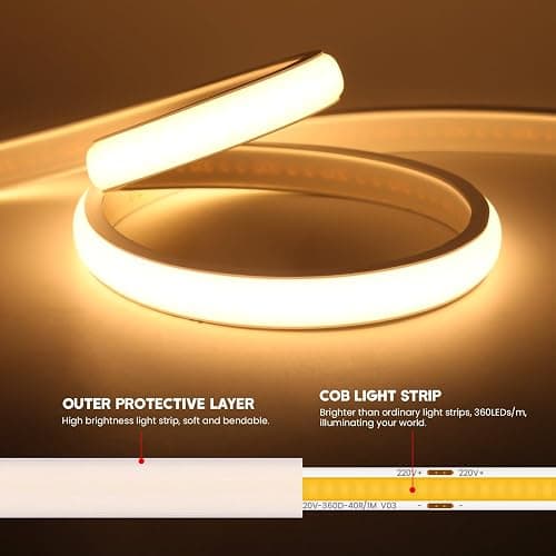 KISUFU Bandeau LED COB 220V, IP65 étanche Flexible néon LED Strip 288 Leds/m Bandes à LED Ruban pour DIY Chambre, Cuisine, Exterieur Maison Décoration. Blanc,1M thumbnail 7