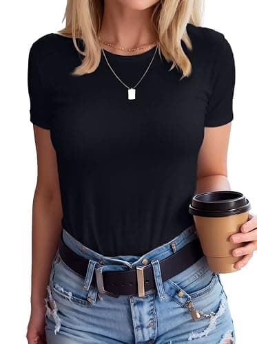 SANDERY Womens Round Neck Long/Short Sleeve Shirts Ribbed Casual Slim Fitted Tops Blouses - Image 1