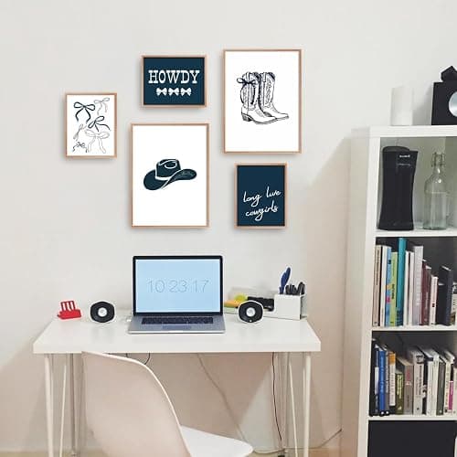 Riveda 5 Pcs Navy Blue Cowgirl Wall Art Cute Girly Western Prints Coquette Posters Preppy Coastal Blue Print Vintage Wild Western Gallery Picture Canvas Trendy Dorm Decor Unframed (8"*10"x3+12"*16x2) thumbnail 3
