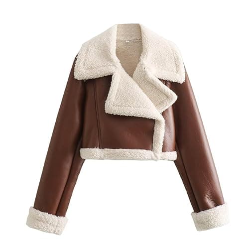 utcoco Womens Leather Jacket Faux Fur Moto Jacket Winter Trench Coat Cropped Shearling Jacket - Image 1